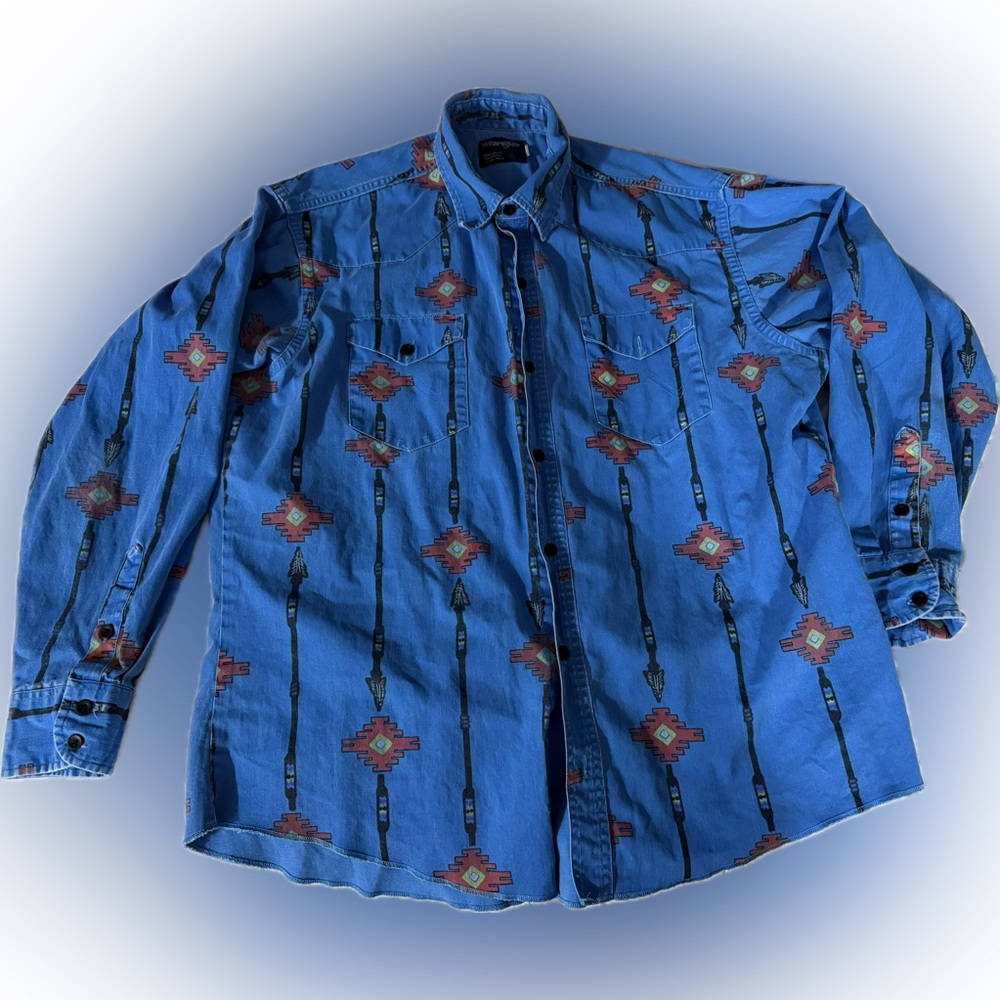 Wrangler vintage retro southwestern arrow blue button up long sleeve ranch shirt